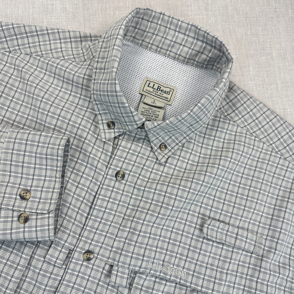 L.L.Bean Shirt Mens L Grey Plaid Technical Fishing Ventilated Button Down 0 GRV2